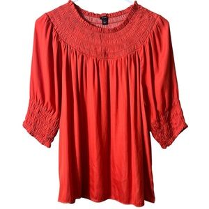 Ann Taylor Rust Red Smocked Short Sleeve Blouse‎ Small Boho Festival Summer